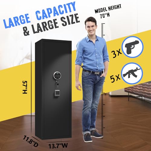 HIPSTERHERO 57\" Large 5 Gun Safe Cabinet with 2 Adjustable Gun Racks,Biometric Gun Safes Locks for Home Rifle and Pistols Shotguns,Quick Access Heavy-Duty Gun Safe with 3 Handgun Pouches (5 Gun Safe) - Thumbnail 3