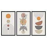 Kit 3 Quadros Decorativos com MOLDURA Geométrico Moderno com Folhagem e Círculos