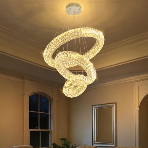 AFQEJG 3 Ring Modern Crystal Chandelier Dimmable Ring Pendant Light Round Crystal High Ceiling Chandeliers for Living Room Dining Room Bedroom Silver by AFQEJG - Image 7