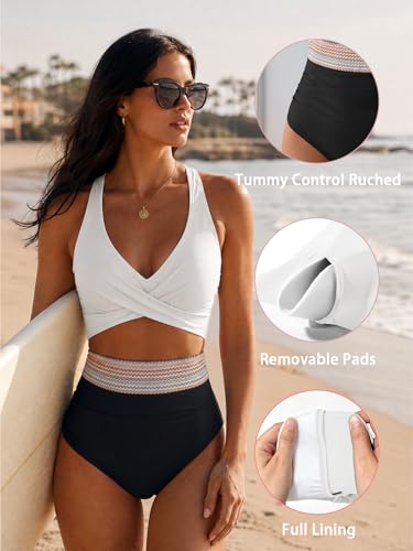 Image of B2prity Women's One Piece Swimsuit Tummy Control High Waisted Bathing Suit | Color Block,Removable Soft Cups,Cutout,V neck,Full Coverage,Adjustable Criss Cross Straps,Tie Back