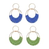 XFSRG 2 Pares Pendientes de Ratán Pendientes Boho de Verano Pendiente de Paja Hechos a Mano Earring de Playa de Verano para Mujer Niñas (Azul y Verde)