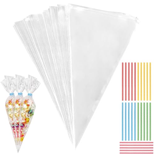 JIUBULUJIU 150 Stück Süßigkeiten Tüten, 25 x 13cm Tütchen Geschenktüten, Cone Durchsichtige Cellophantüten mit 150 Twist Ties, KleineTtüten für Süßigkeiten, Schokolade, Keks, Brot