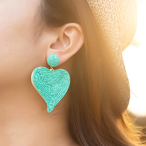 Statement Boho Earrings Heart Raffia Wrap Earrings Cute Handmade Dangle Earrings Colorful Bohemian Drop Dangling Earrings For Women Teen Girls(Turquoise Blue) #TOP1