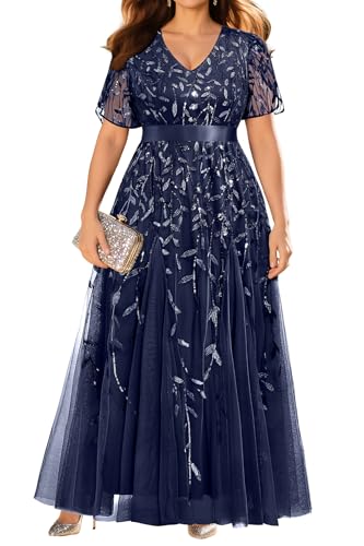 Image of Pinup Fashion Plus Size Formal Dresses - Evening Gowns Wedding Sequin Embroidery V-Neck Prom Long Dress