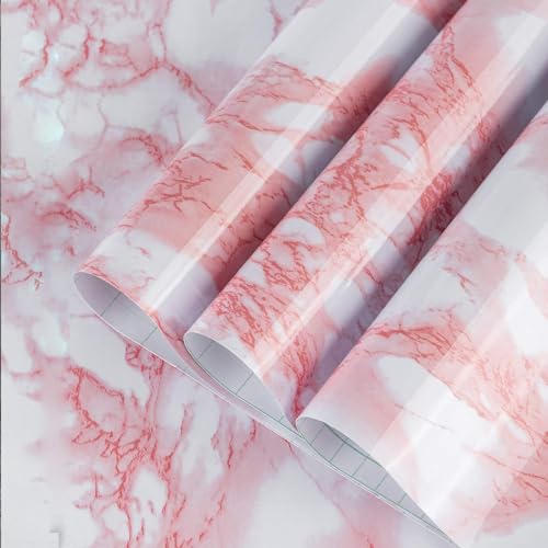 Image of BAYYA Extra Wide Marble Contact Paper Granite Peel and Stick Wallpaper Pink Glossy 48x197 inch Countertop Contact Paper for Kitchen Bathroom Self-Adhesive Waterproof Decorative Film Marble Vinyl Wrap