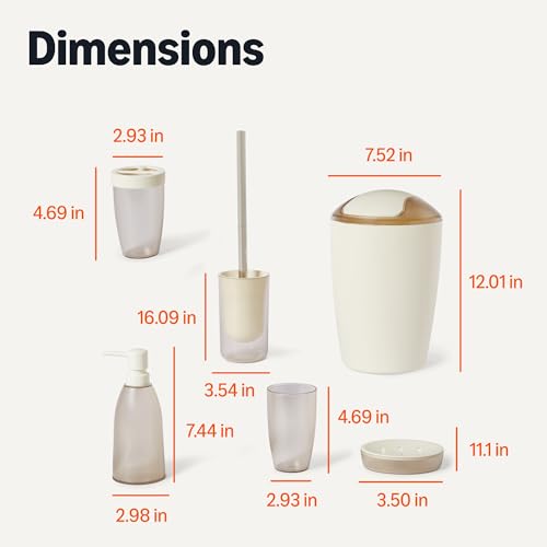 Image of Amazon Basics 6-Piece Bathroom Accessory Set with Toothbrush Holder, Soap Dispenser, Soap Dish, Toothbrush Cup, Trash Can and Toilet Brush & Holder, Ivory