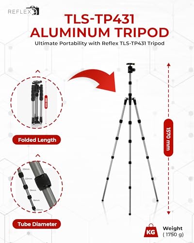 REFLEX CAMERA Heavy Duty Compact Aluminium Travel Tripod 160cm/64" Foldable, 360° Ball Head, Lightweight for DSLR Camera, 5kg Load Capacity, Professional Camera Tripod QR Plate Includes Carry Bag - Image 2