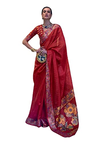 Sari traditionnel ethnique pour femme 8318 semi-cousu rouge