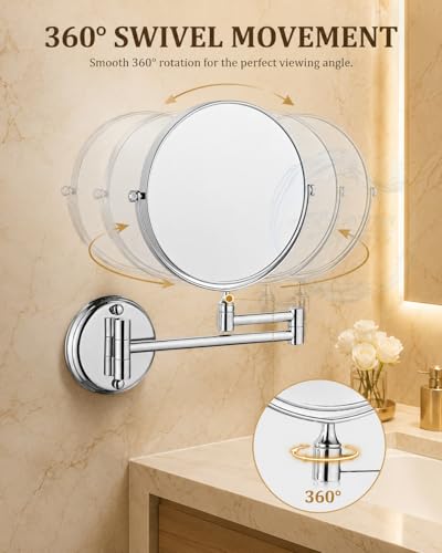 Image of BATH GURU 8 Inch 360 Shaving Mirror | Chrome Finish & 3X Magnification | Mirror for Makeup with Wall Mount Bracket | Shaving & Makeup Mirror for Bathroom & Vanity | 360 Swivel Extendable Arm