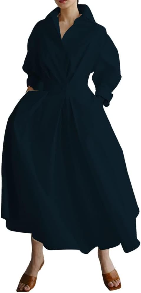 Womens Elegant High Waist Shirt Dress Cotton Linen Elastic Long Sleeve Print Loose Maxi Skirtdresses with Pockets