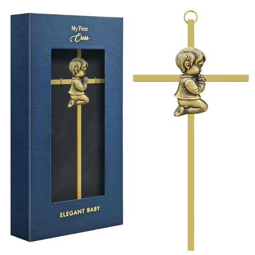 dewtick Premium Baptism Cross Boy 7.1 Inch, Super Cute and Sturdy Baby Cross Wall Baptism Gifts for First Holy Communion Christening and Dedication from Godparents, Gold