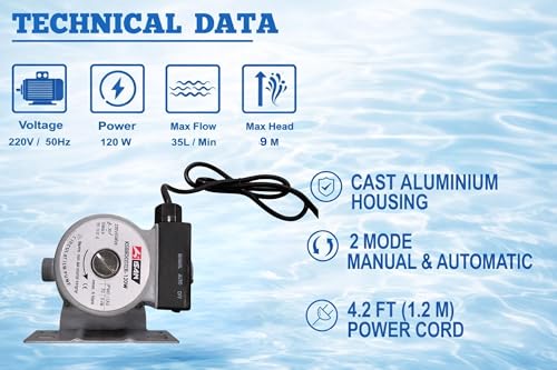 Image of Kisan 20 /9 | 120 W | Inline Automatic Water Pressure Pump | 220 V | 50 HZ | 9 M. Head | Circulation Pump | With Wall Mounting Bracket Suitable for Hot Water Circulation, Washing Machine, RO & Shower