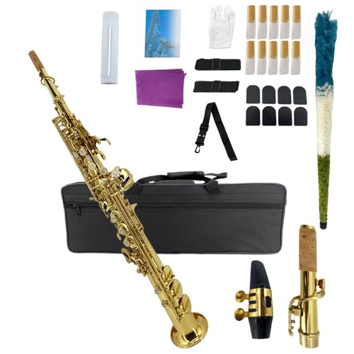 Image of Yinfente Eb Alto Saxophone For Beginners Adult,Saxophone Student,E Flat Alto Sax Full Kit With Reeds,Pads Cushions,Hard Carrying Case,Cleaning Cloth & Rod,Mouthpiece,Gloves,Neck Strap (soprano-gold)