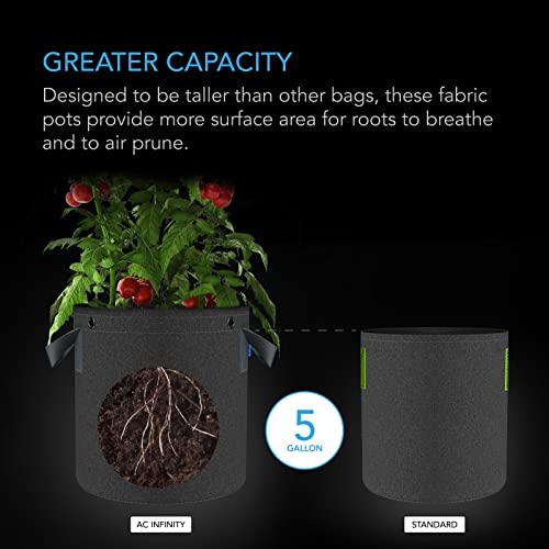 Ac Infinity Heavy Duty Fabric Pots, 5 Gallon Aeration Reusable Grow Bags 5-Pack With 500G Thick Nonwoven Fabric And Multi-Purpose Rings, For Low Stress Plant Training Fruits, Vegetables, And Flowers #TOP2