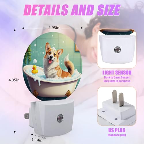 Image of Funny Corgi Bathing Night Light Puppy Lover Night Lights LED Lamp Round Plug into Wall Nightlight with Dusk to Dawn Sensor Home Hallway Stairway Kitchen Decor