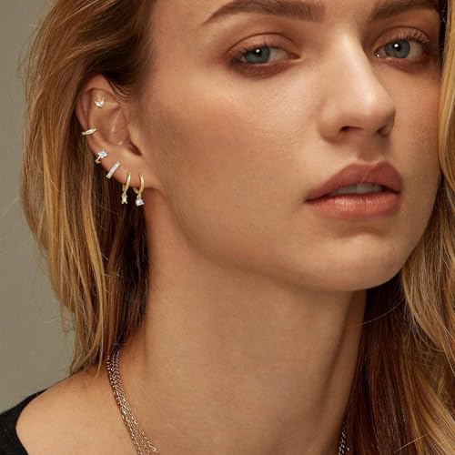 6 Pairs Earring Stacks 14k Gold Plated Gold Hoop Studs Earrings Cartilage Earring Stacks Hypoallergenic Earring Sets Trendy Fashion Jewelry3