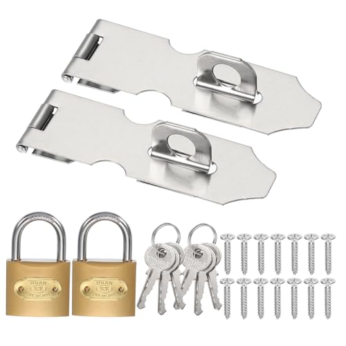 Image of PATIKIL Door Lock Hasp Latch 3.9 Inch,2 Set Stainless Steel Safety Hasp Lock Clasp Hinge Packlock(38mm) with Screws /Key for Door Gate Cabinet Closets, Silver