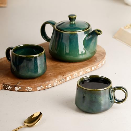 Image of The Earth Store Premium Green Glaze Ceramic Morning Tea Set - 2 Tea Cups & 1 Kettle Microwave and Dishwasher Safe | Tea Cup with Kettle | Small Morning Set | Ideal for Gifting and Daily Use