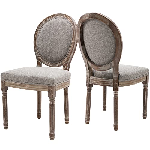 Zhenghao Farmhouse Dining Room Chairs, French Vintage Fabric Dining Chairs Set Of 2 Upholstered Linen Kitchen Chairs With Round Back, Solid Wood Side Chairs For Dinner Living Room, Dark Gray #TOP4