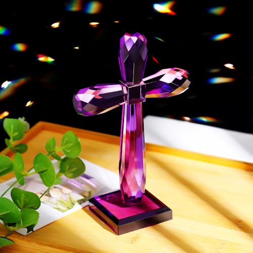Image of YWHL Purple Crystal Holy Cross Figurine, Religious Gifts for Women Men