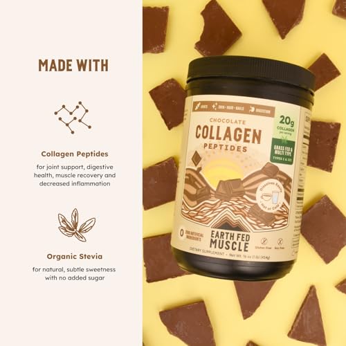 Image of Earth Fed Muscle Chocolate Collagen Peptides, Third-Party Certified. 20g Protein, Chocolate - Grass Fed, Non-GMO, Hormone Free, Gluten Free - Multi-Type - 19 Servings