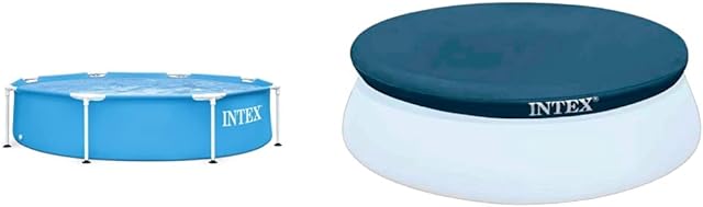 Intex 28205 Swimming Pool Metal Frame, 244 X 51 Cm, Blue & 28020 Easy Pool Cover, PVC, Blue, 244 cm