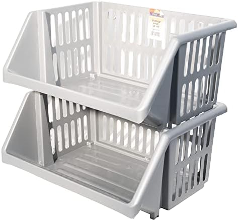 Large 4 Tier Stacking Baskets Storage Veg Rack Plastic Stackers, Black,Length 38 cm x Depth 31 cm x Height 17.5 cm (Silver)