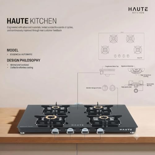 Image of Haute Essencia Series 2.0 All Black 4 Burner Gas Stove | Manual Ignition | 7mm Toughened Glass | ABS Unbreakable Knobs | Doorstep Service | 7-Year Glass & 2-Year Manufacturing Warranty