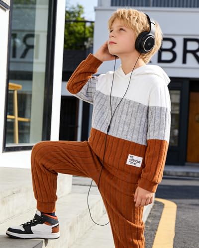 Image of 5-11Y Boys Clothes Long Sleeve Hooded Pullover Colorblock Sweatshirt + Pants 2pcs Fall Winter Outfit Set