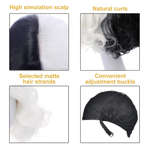 KSORUSL Cruella Deville Black and White Wig for Women, Cruella Costume Wig for Halloween 1920s Party, Heat Resistant Synthetic Wig