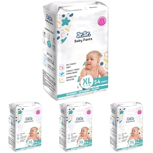 Image of Jr. Sr. Baby Diaper Pants | Extra Large (XL) Size (12-17 kg), 54 Count | Pack of 4 | Upto 12 hr Absorption with Advanced Leak Protection | Safe For Babies Skin | Soft, Secure & Comfy