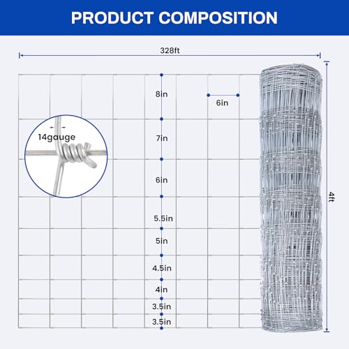 14 Gauge 4ft × 328ft Cattle Fence Panels, Farm Fence Grassland Fencing, for Yard Garden and Animal Protection