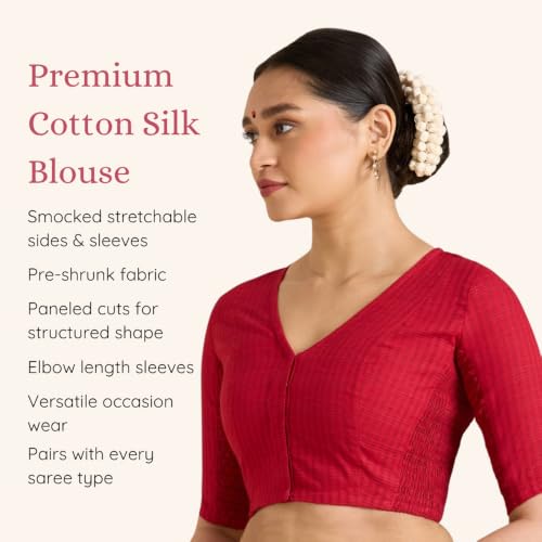 Image of Studio Shringaar Women Cotton Half Sleeve Madras Checks Saree Blouse with Stretchable Sides
