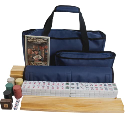 Cycleclub American Mahjong Set with Blue Carrying Bag, 166 White Tiles, Wood 4 All-in-One Rack with Pushers, Wood Winder Indicator Mahjong Tiles Set (Ma Jong, Mah-Jongg, Majiang)