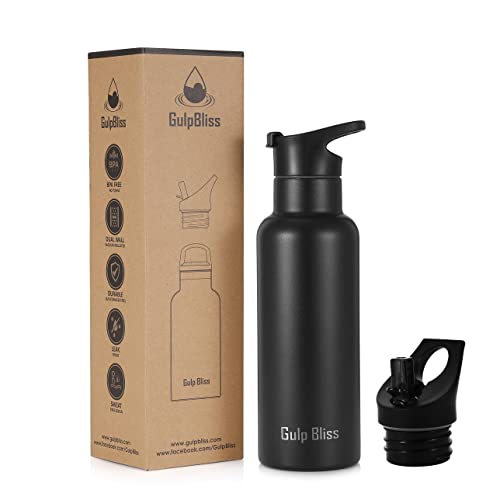 Gold Armour Sports Water Bottle - 12oz, 16oz, 24oz with 2 Lids (Straw Lid), Vacuum Insulated Stainless Steel Flask, Modern Double Walled, Leak Proof, Simple Thermo Hydro Mug (Midnight Black, 16oz)
