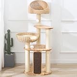 Solid Wood Cat Tree Tower, Modern Cat Tree with Scratching Post, Handwoven Basket, Sisal Scratching Board