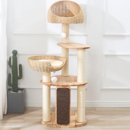 Solid Wood Cat Tree Tower, Modern Cat Tree with Scratching Post, Handwoven Basket, Sisal Scratching Board