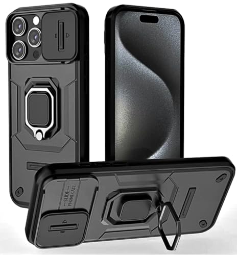 Image of SHINESTAR Tough Armor iPhone 15 Pro Max Bumper Back Case Cover | Ring Holder & Sliding Camera Shield Cover | 360 Degree Protection Back Case Cover for Apple iPhone 15 Pro Max (Black)
