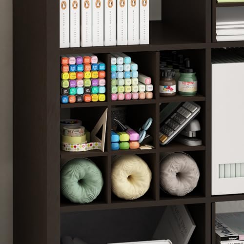 Image of Furinno Cubicle 9-Compartment Cube Insert, Cube Organizer, Dark Oak | 13.3W x 13.4H, Fits into Furinno Extra Thick Cubes, for Organizers and Storage (Does not fit IKEA Kallax Shelving)