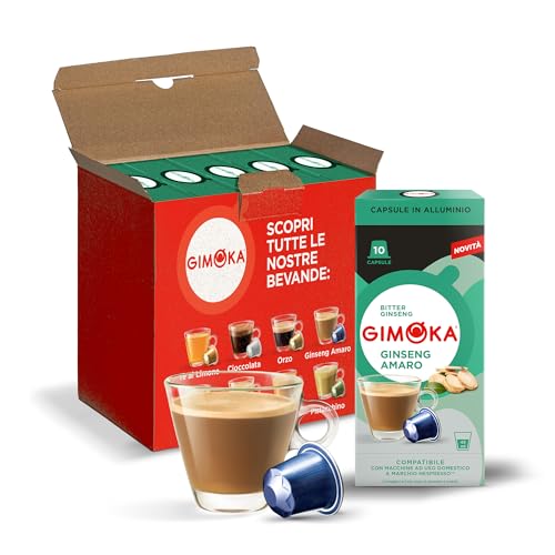 Gimoka, bebida soluble de CAFÉ CON GINSENG AMARGO - 50 Cápsulas de Aluminio - Compatibles con Máquinas de Café Nespresso* para uso doméstico - Producido en Italia - 5 paquetes de 10