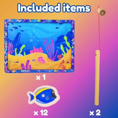 Image of PLUSPOINT 15 Pieces Wooden Magnetic Fishing Game for Kids 12 Fishes 2 Stick 1 Pool Tray Magnet Fish Game Wooden Magnetic Fishing Toys for Kindergarten Preschool Kids Girl Boy (Fish Tray)