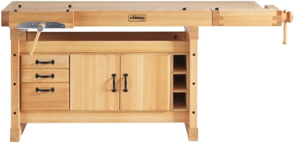 Sjöbergs Original 1900 Professional Woodworking Workbench – Solid One-Piece Beech Wood Top, Clamping Platform, Storage Cabinets & Drawers – Large (95”) Work Surface, SJO-67637K