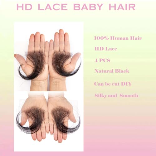 Edges Hair HD Lace Baby Hair for Women Reusable invisible Swiss Lace Hairline Natural Black Handmade Real Human Hair Pieces (4PCS)