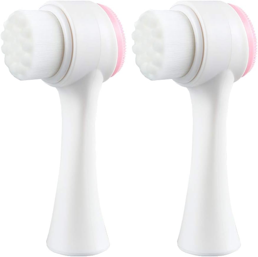Double Sides Face Brushs, 3D Stand Vertical Silicone Facial Wash Brush, 2 in 1 Facial Cleansing Brush Manual Dual-Action Face Brush for Sensitive, Delicate, Dry Skins (2Pack/Pink)