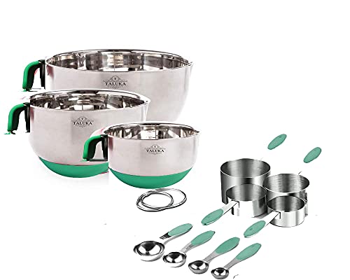 Taluka Stainless Steel 11pcs Combo 3pc Mixing Bowls Non-Slip Silicon Handles & Non-Skid Bottom with Measuring Cups & Spoon 4 PC for Cooking, Baking, Prepping, Food Storage