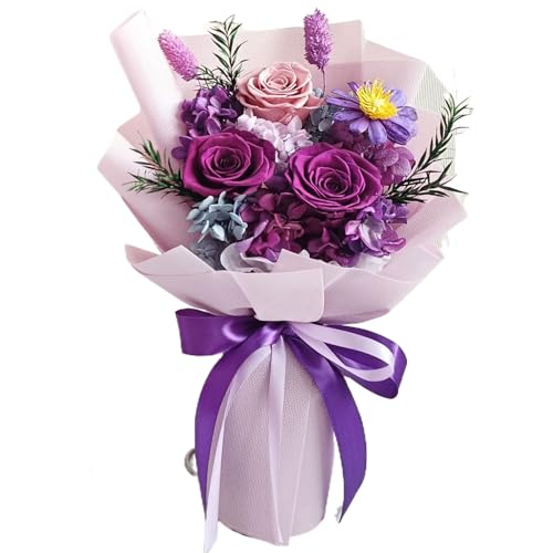 Flores Bouquet fresco, flor preservada de larga data, ramo de flores románticas, hermosas flores eternas, rosa eterna morada brillante para aniversario, cumpleaños, día de Valentín