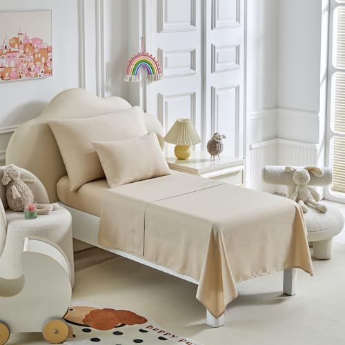 Image of Kids Comforter Sheet Set - Soft and Breathable Bed Set Includes Quilted Comforter, Fitted Sheet, Flat Top Sheet, Pillowcase and Pollowshams For Boys Girls - 6 Pieces Bed in a Bag Twin Szie Beige
