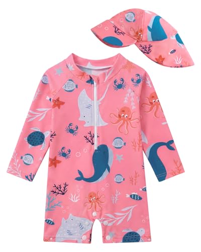 Image of JiAmy Baby Girls Swimming Costume with Sun Hat Long Sleeve Zipper Rash Guard Sun Protection Beach Infant Toddler Baby Swimsuit One Piece Bathing Suits Rose Whale 12-18 Months