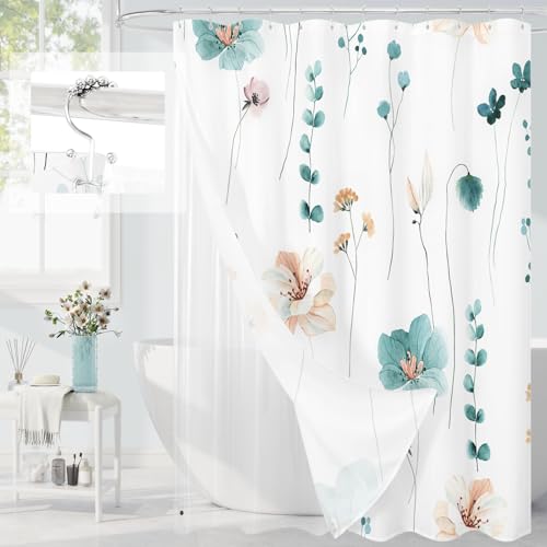 Gibelle 3 in 1 Shower Curtain Set Teal Watercolor Floral Bath Curtain and PEVA Liner Set with 12 Double Sided Steel Hooks Waterproof Fabric Bathroom Curtain 72x72