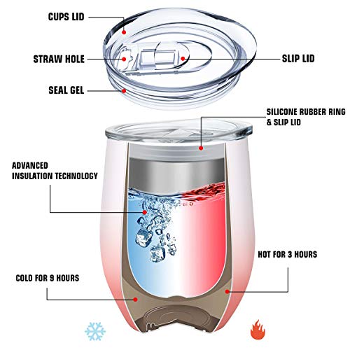 12 Oz Stainless Steel Stemless Wine Glass Tumbler, Fungun Double Wall Vacuum Insulated Wine Tumbler Mug with Lids for Coffee, Wine, Cocktails, Including 6 Straws（white and pink） - Thumbnail 6